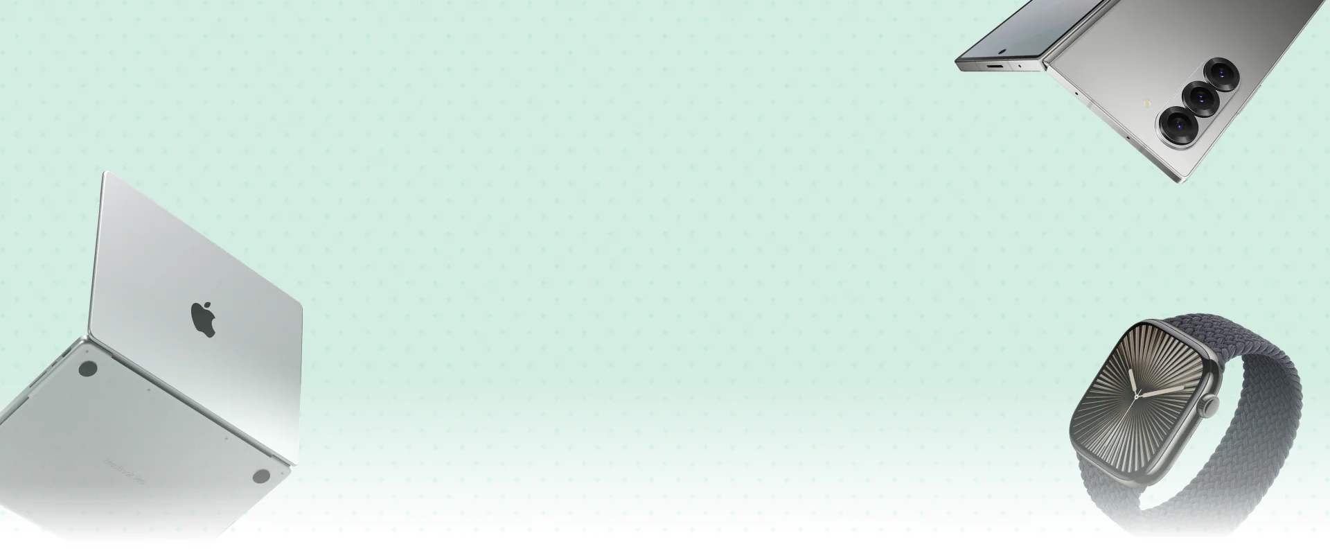 Collage of a laptop, phone, and watch on a gradient background